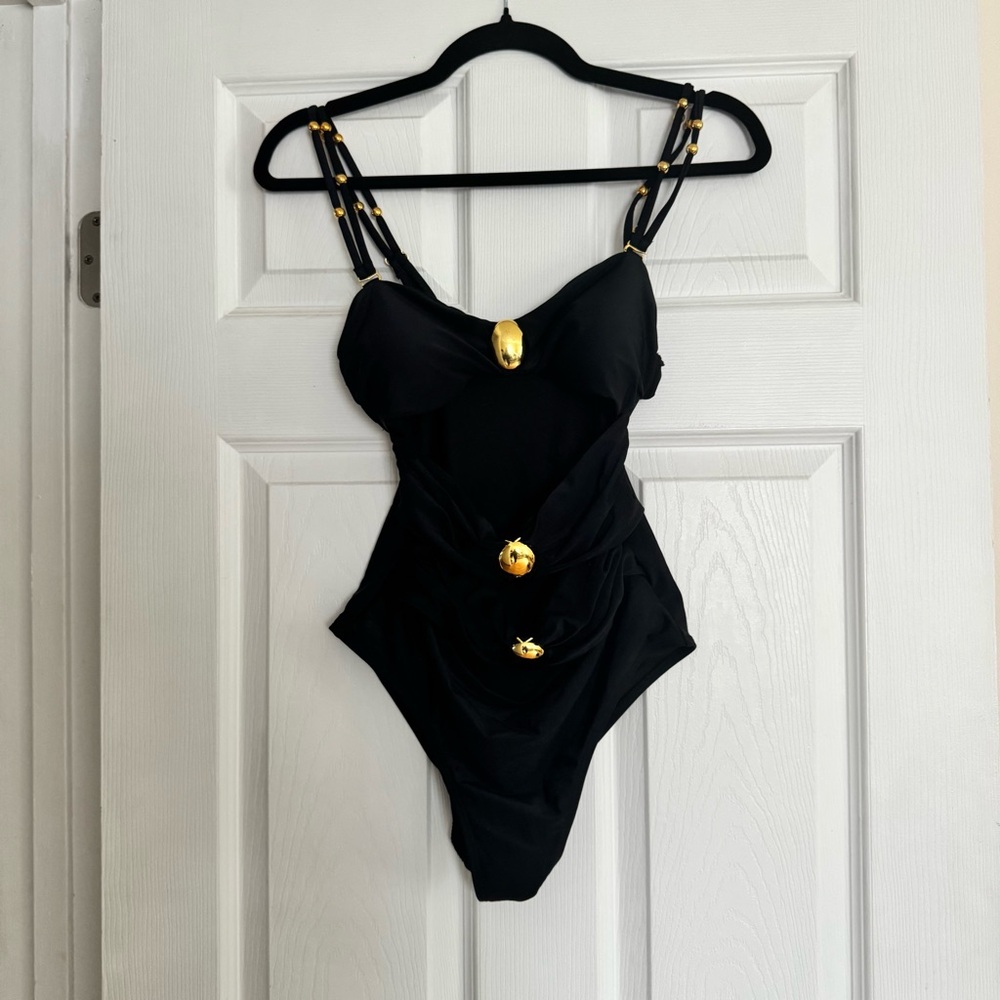 Black Swimsuit with Gold Accents